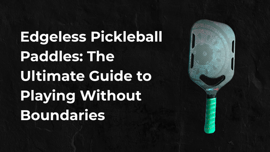 Close-up of edgeless pickleball paddles placed next to a standard edge pickleball paddle, showcasing sleek design and surface differences.
