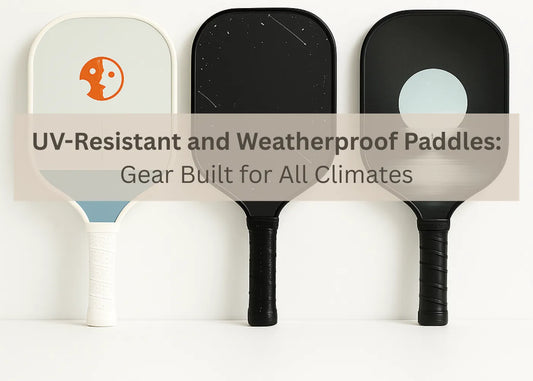 Durable all-weather outdoor pickleball paddle resting on court under bright sun