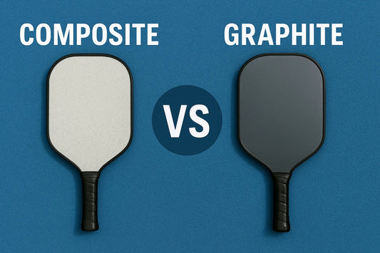Side-by-side comparison of composite and graphite pickleball paddles on a court, highlighting paddle materials, design differences, and performance features